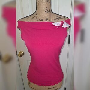 ​Y2K Hot Pink Off Shoulder Top I.N. San Francisco Lettuce Hem Bow L